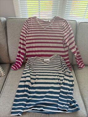 Denim&Co Striped V-Neck Long Sleeve Tees - Pink & Teal Stripes